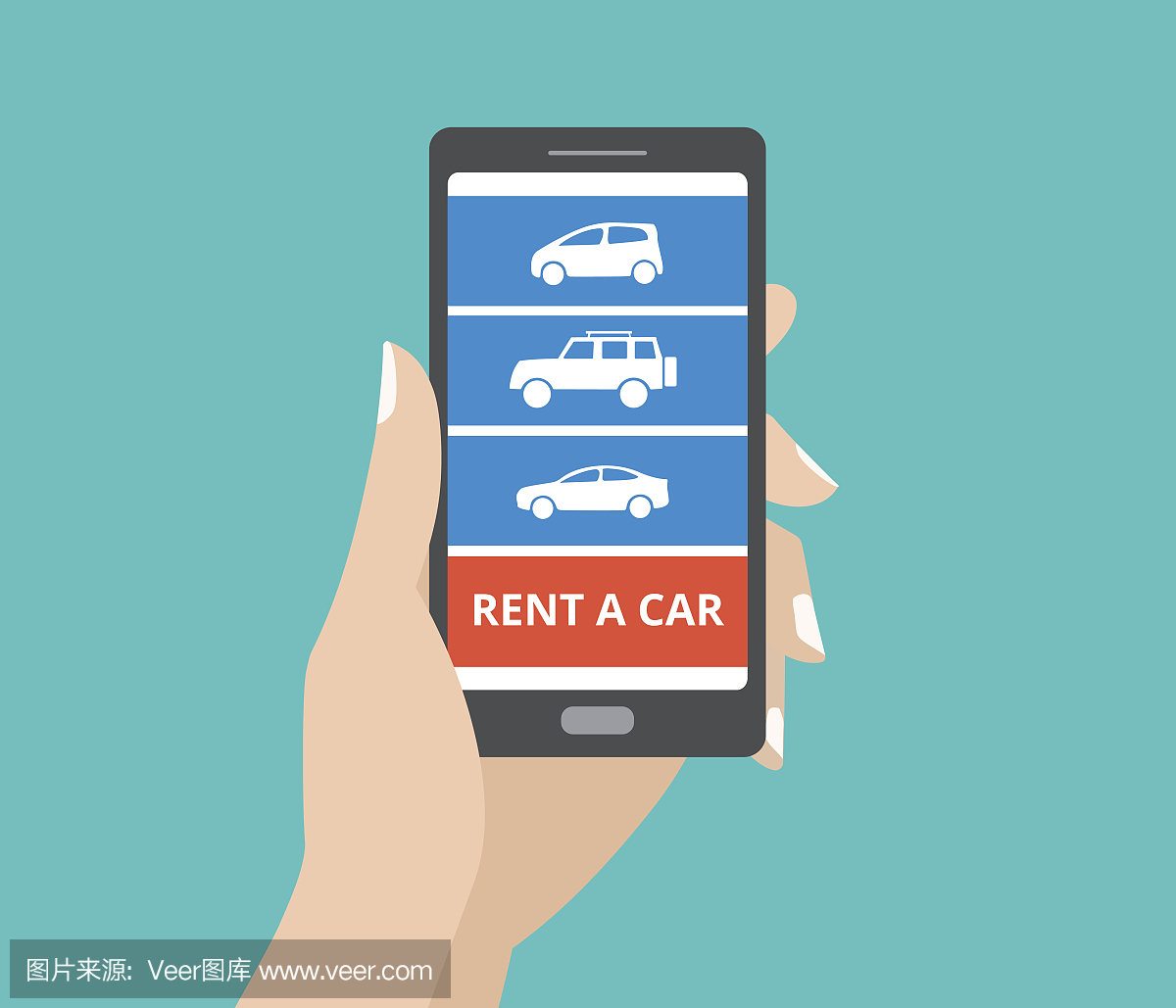 手持智能手机与汽车图标和屏幕上的汽车租赁按钮。租车移动应用的设计理念